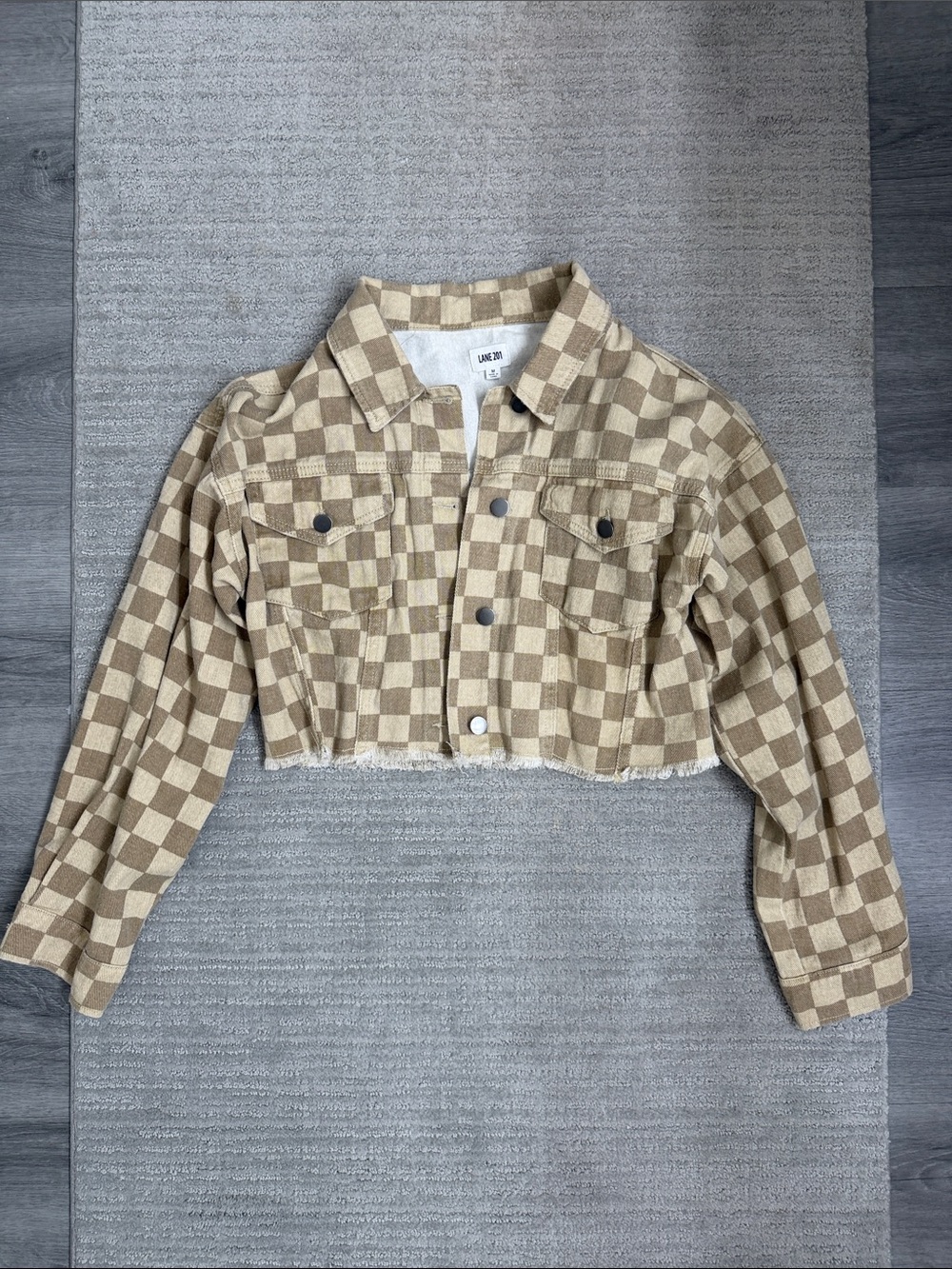 Cropped Beige Check Denim Jacket - Women's Jean Jacket